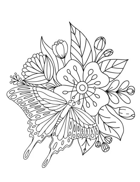 Mariposa grande, ramo, flores, primavera, campo, mariposa sobre flores. Ilustración vectorial en blanco y negro, libro para colorear. — Vector de stock