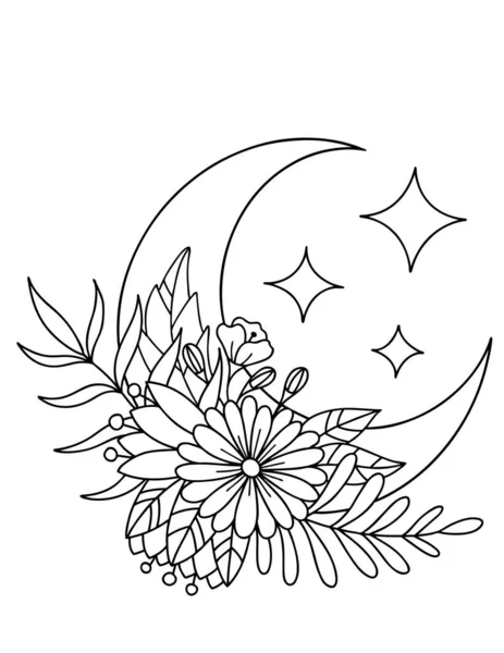 Un mese con le stelle e un mazzo di fiori, una magica illustrazione per colorare. Illustrazione vettoriale in bianco e nero, libro da colorare. Vettoriali Stock Royalty Free
