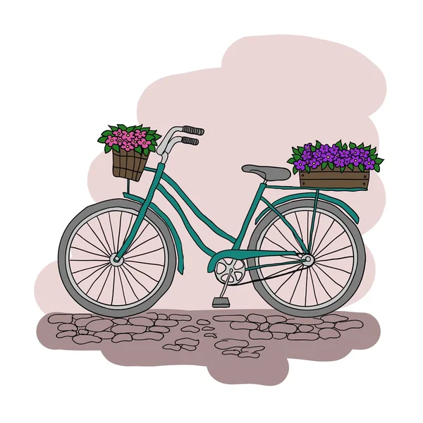 Bicycle with a basket of flowers — Stock Vector