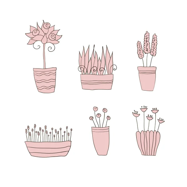 Plantes en pot avec des fleurs et des feuilles — Image vectorielle