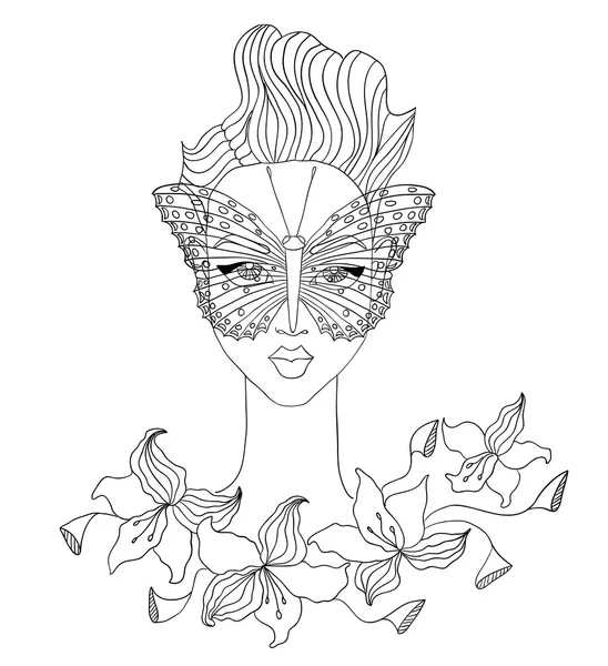 Kelebek ve çiçek ile kadın yüzü çizimi — Stok Vektör