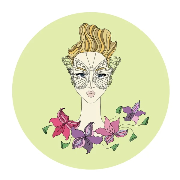 Illustratie van vrouwelijke gezicht met vlinder en bloemen — Stockvector