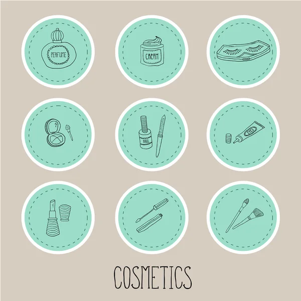 Set a stickers of beauty and cosmetics icons doodles — Stock Vector