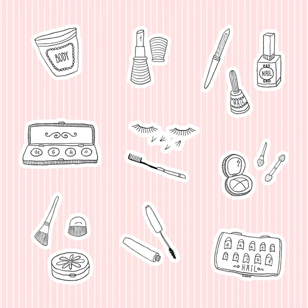 Set a stickers of beauty and cosmetics icons doodles — Stock Vector