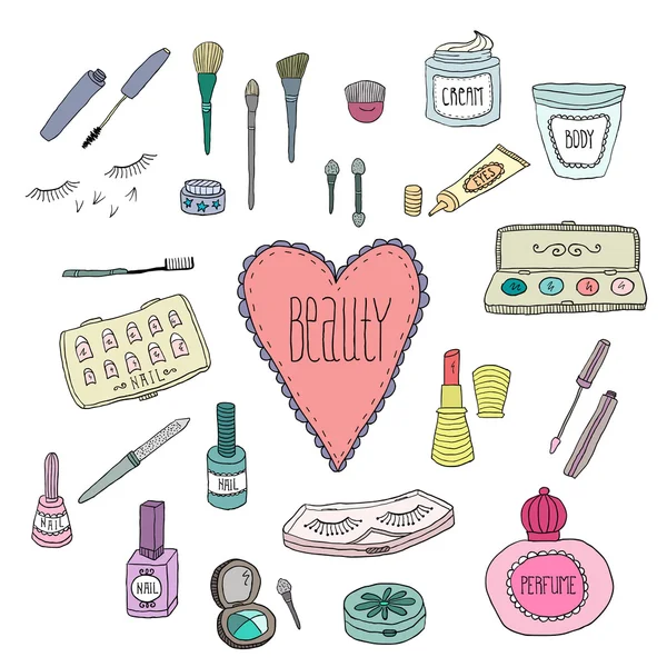 Güzellik ve kozmetik simgeler doodles — Stok Vektör