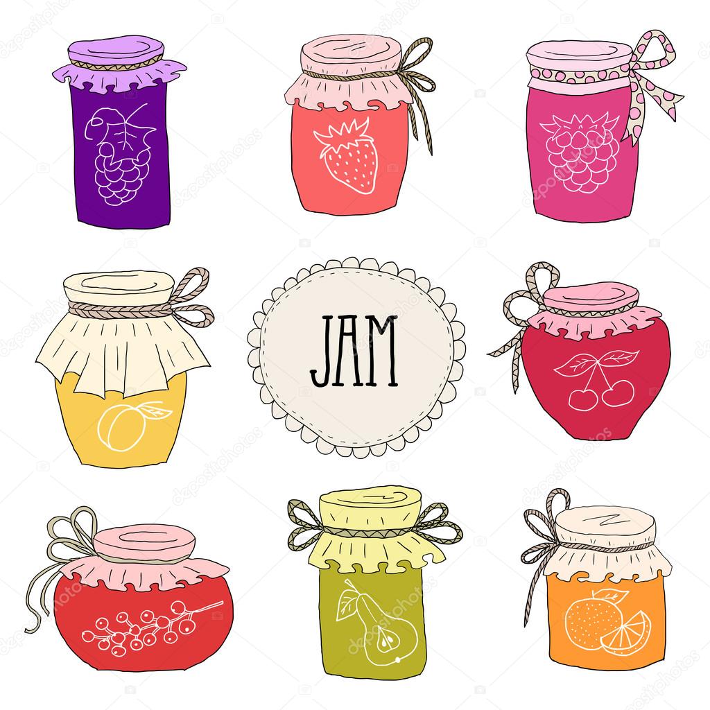 The set of hand drawn jars with home-made jams.