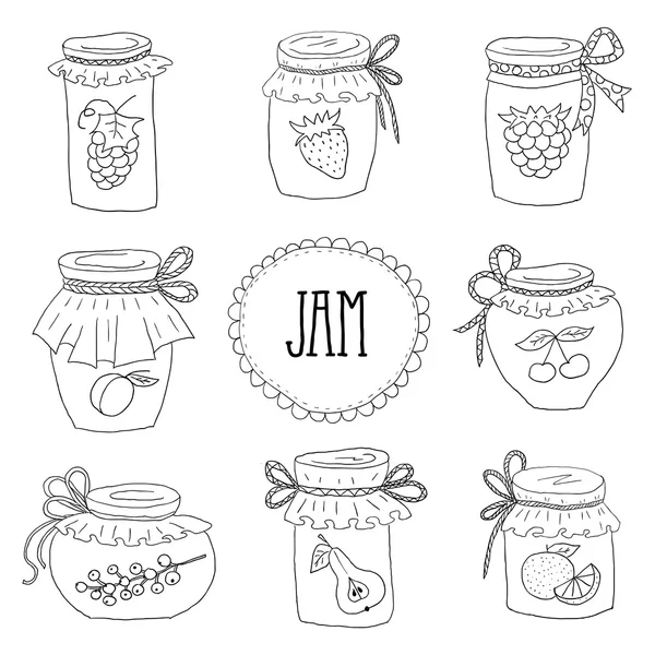 The set of hand drawn jars with home-made jams. — Stock Vector