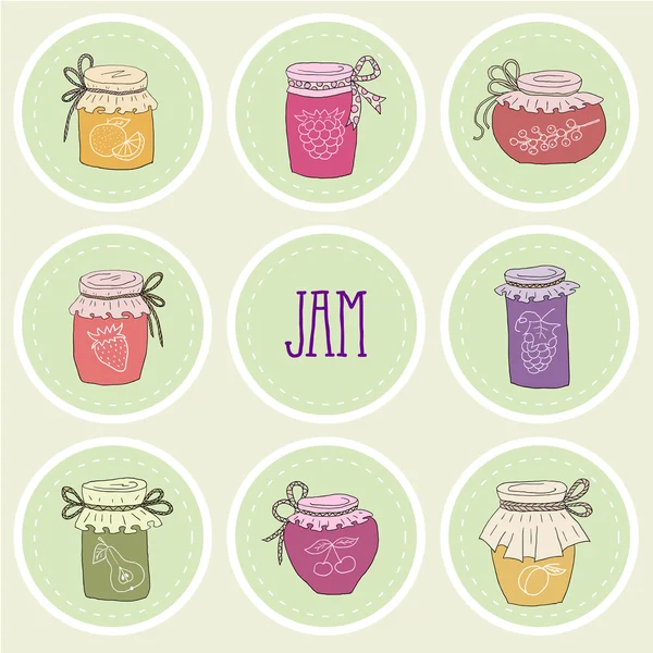 The set of hand drawn jars with home-made jams. — Stock Vector