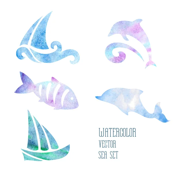 Watercolor stylized sea set on a white background — Stock Vector