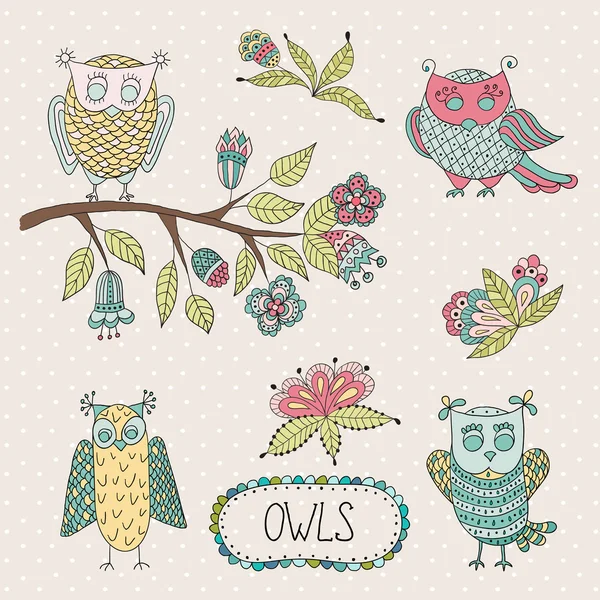 Cute cartoon vector owls, flowers, brunche. — Stock Vector