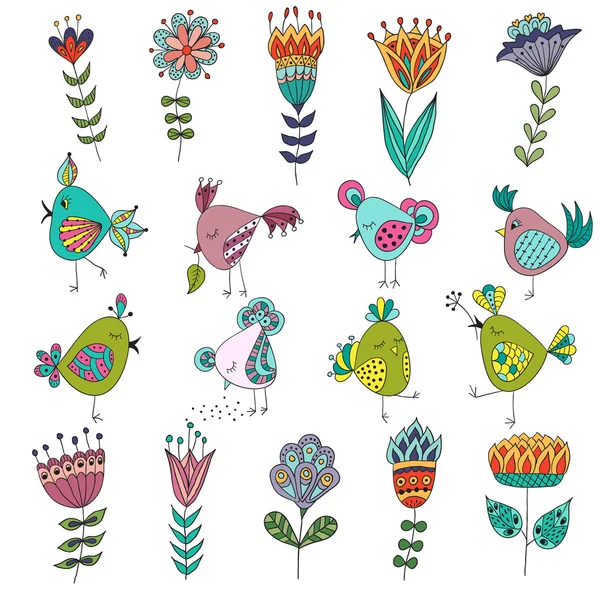 Şirin kuşları çiçekler ile farklı eylemleri kümesi.