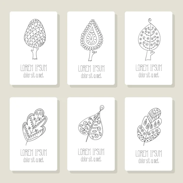 Set di carte con doodle alberi, fiori, frutti, foglie . — Vettoriale Stock