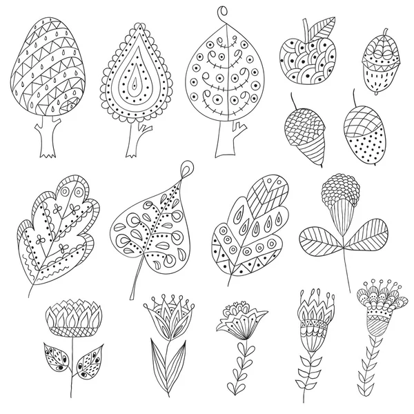 Conjunto de desenhos animados, árvores de doodle, flores, frutas, folhas . — Vetor de Stock