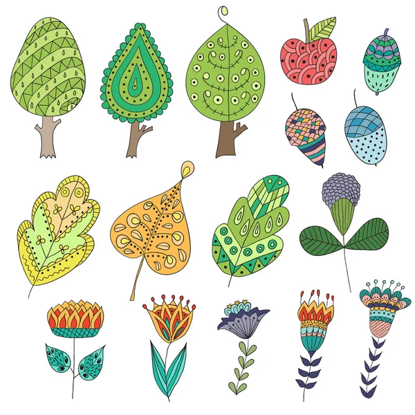 Set of cartoon, doodle trees, flowers, fruits, leaves. — Stock Vector