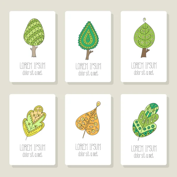 Set of cards with doodle trees, flowers, fruits, leaves. — Stock Vector