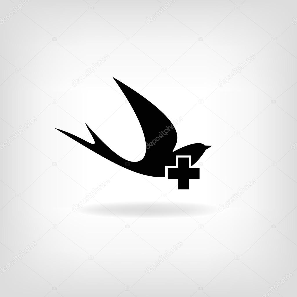 Stylized silhouette of a swallow with a medical cross. Logo for medical centers and hospitals