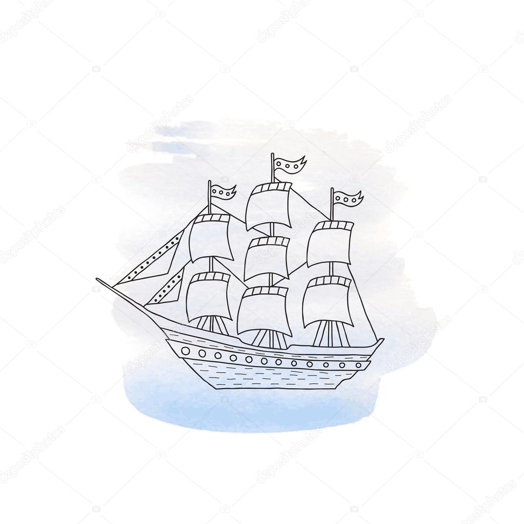 Ship with sails on watercolor background