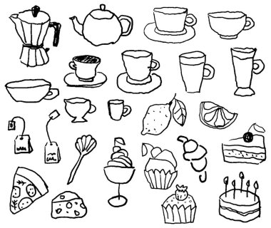 El yapımı kahve ve çay seti ile Scribble Style tatlılar. Vektör illüstrasyonu