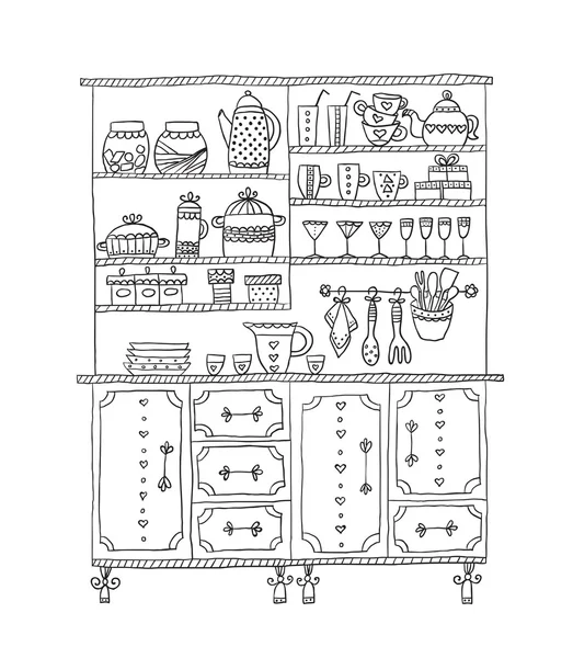 Kitchen Cabinet with various utensils. — Stock Vector