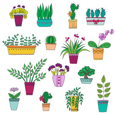 Şirin el vektör çiçek tencerelerde çekilmiş..