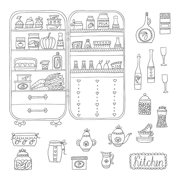 Doodle refrigerador con alimentos dibujados a mano . — Vector de stock