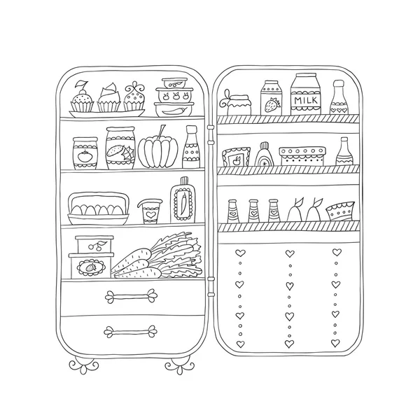 Doodle refrigerador con alimentos dibujados a mano . — Vector de stock