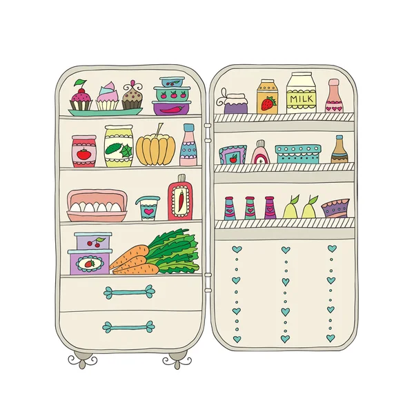 Élelmiszer, kézzel rajzolt firka hűtőszekrény. — Stock Vector