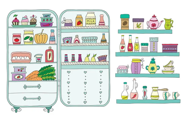 Doodle refrigerador con alimentos dibujados a mano . — Vector de stock