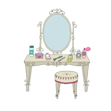 Vanity tablo makyaj ve bir sandalye ile.