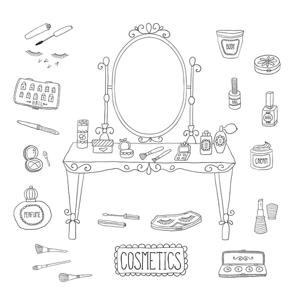 Mesa de vaidade com espelho e maquiagem . —  Vetores de Stock