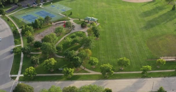 Aerial View Chicago Suburban Neighborhood Ballfields Tennis Courts Summer — Stock Video