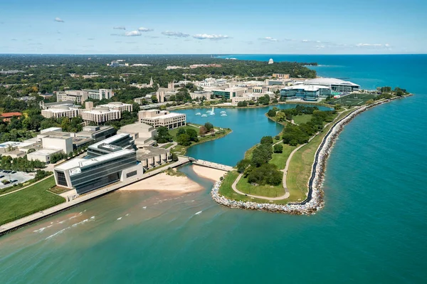 Aerial View Northwestern University Lake Michigan Foreground Beach Walking Path — Stock Photo, Image