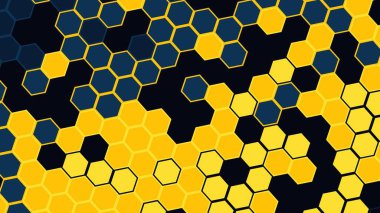 Karanlık bir donanma arka planında birbirine kenetlenmiş sarı altıgenleri içeren soyut geometrik desen ince mavi tonlarla dinamik ve modern bir doku yaratıyor..