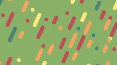 Kırmızı, turuncu, sarı, yeşil ve mavi olmak üzere dağınık yuvarlak çubuklu yeşil arkaplan ve küçük daireler..