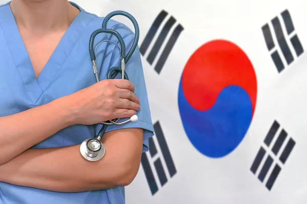 Female Surgeon Doctor Stethoscope Hand Background South Korea Flag Surgery — Stock Photo, Image