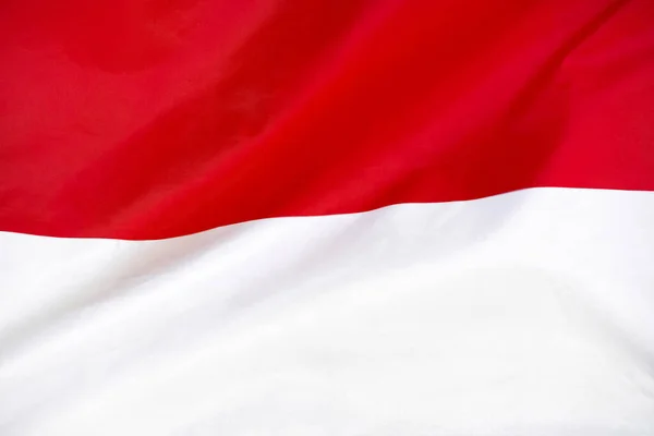 印度尼西亚的面料纹理标志 印度尼西亚国旗在风中飘扬 印度尼西亚国旗被描绘在有许多褶皱的运动用布织物上 运动队横幅 — 图库照片