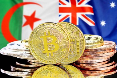 Cezayir ve Avustralya 'daki kripto para birimi ve Blockchain teknolojisi yatırımcıları için konsept. Cezayir ve Avustralya bayrağının arka planında Bitcoin 'ler