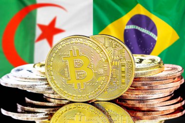 Cezayir ve Brezilya 'daki kripto para birimi ve blok zinciri teknolojisi yatırımcıları için kavram. Cezayir ve Brezilya bayrağının arka planında bitcoinler