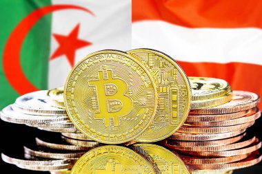 Cezayir ve Avusturya 'daki kripto para birimi ve Blockchain teknolojisi yatırımcıları için kavram. Cezayir ve Avusturya bayrağının arka planında Bitcoin 'ler