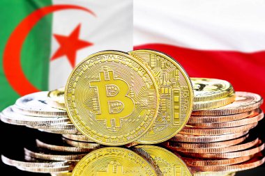 Cezayir ve Polonya 'daki kripto para birimi ve Blockchain teknolojisi yatırımcıları için kavram. Cezayir ve Polonya bayrağının arka planında Bitcoin 'ler