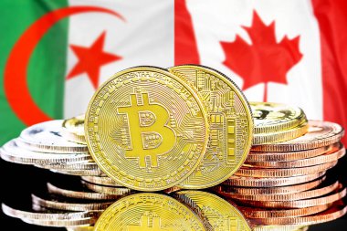 Cezayir ve Kanada 'daki kripto para birimi ve Blockchain teknolojisi yatırımcıları için konsept. Cezayir ve Kanada bayrağının arka planında Bitcoin 'ler