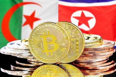 Cezayir ve Kuzey Kore 'deki kripto para birimi ve blok zinciri teknolojisi yatırımcıları için kavram. Cezayir ve Kuzey Kore bayrağının arka planında Bitcoinler