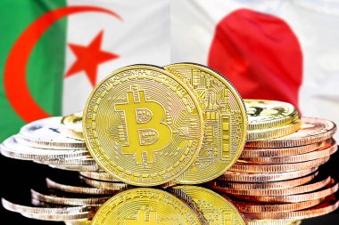 Cezayir ve Japonya 'daki kripto para birimi ve Blockchain teknolojisi yatırımcıları için kavram. Cezayir ve Japonya bayrağının arka planında Bitcoin 'ler