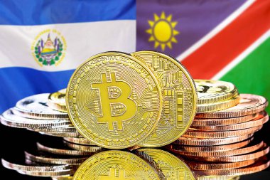 El Salvador ve Namibya 'daki kripto para birimi ve engelleme teknolojisi yatırımcıları için konsept. El Salvador ve Namibya bayrağının arka planında bitcoinler