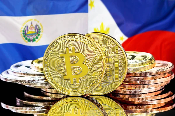 El Salvador ve Filipinler 'deki kripto para birimi ve engelleme teknolojisi yatırımcıları için konsept. El Salvador ve Filipinler bayrağının arka planında Bitcoinler