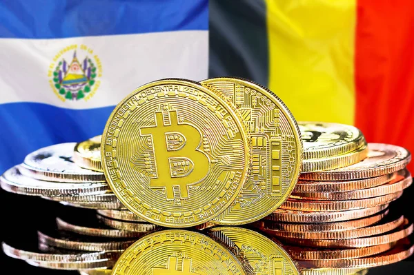 El Salvador ve Belçika 'daki kripto para birimi ve engelleme teknolojisi yatırımcıları için konsept. El Salvador ve Belçika bayrağının arka planında bitcoinler