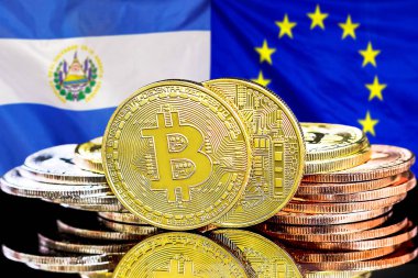 El Salvador ve AB 'deki kripto para birimi ve engelleme teknolojisi yatırımcıları için kavram. El Salvador ve Avrupa Birliği bayrağının arka planında Bitcoin 'ler