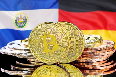 El Salvador ve Almanya 'daki kripto para birimi ve Blockchain teknolojisi yatırımcıları için kavram. El Salvador ve Almanya bayrağının arka planında Bitcoin 'ler