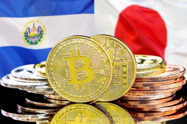 El Salvador ve Japonya 'daki kripto para birimi ve engelleme teknolojisi yatırımcıları için konsept. El Salvador ve Japonya bayrağının arka planında Bitcoin 'ler