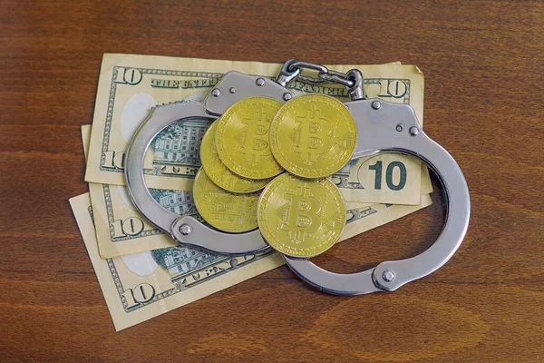 Golden Bitcoins Cryptocurrency Handcuffs Dollar Bills Digital Crime Arrest Hacking — Foto de Stock
